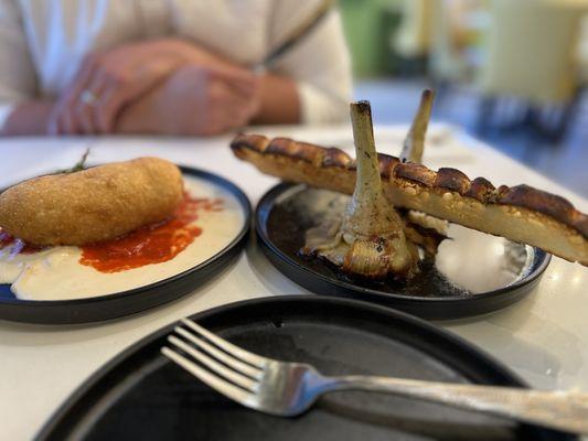 CALZONE FRITTO (left) CARCIOFI ALLA GIUDEA (right)