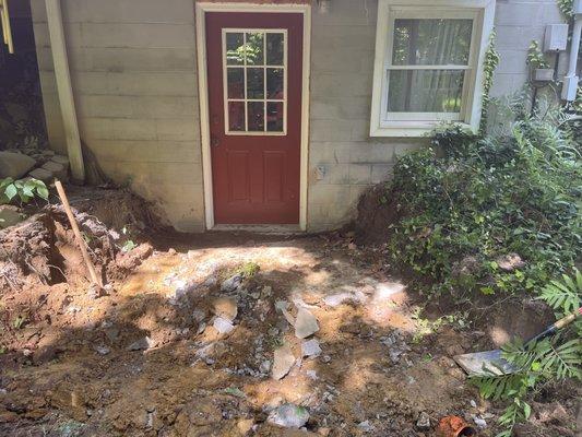 Before concrete retaining wall and slab