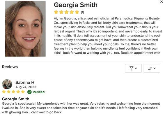 5-star customer review for Georgia, our talented esthetician!