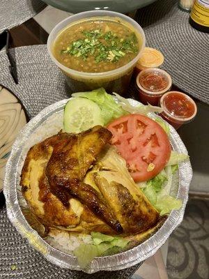 Lentil Soup 1/4 Rotisserie Chicken Rice and salad .