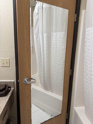 Full-size mirror on back of bathroom door.  Mirror faces the toilet like I really want to see myself going to the bathroom