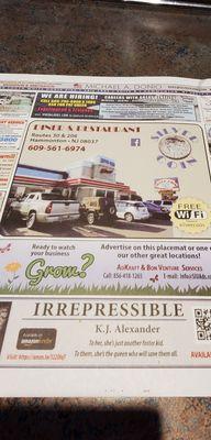 Placemat showing free wifi here!!  Route 30 & 206 Hammonton NJ 08037