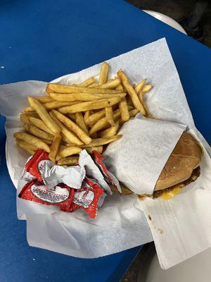 A Chili burger and a side of fries