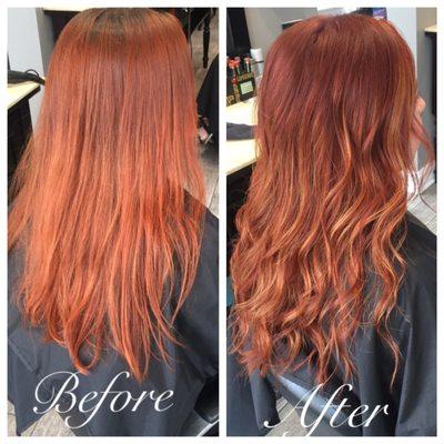 Deepened her red and added balayage copper blonde highlights. Hair by Jennie Monaghan 630-750-5978