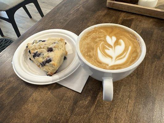 Regular latte and a blueberry lemon scone.