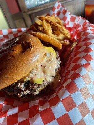 Double meat Kahuna burger with onion rings