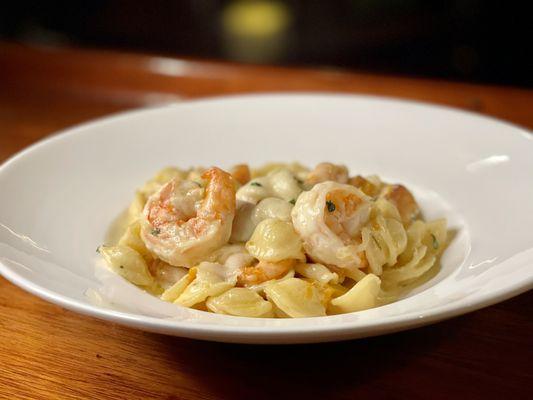 A Taste of Apulia at Aroma Thyme " Orchiettie pasta with squash, shrimp, and cheese."