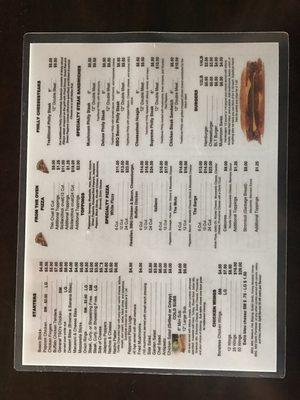 Back page of menu.