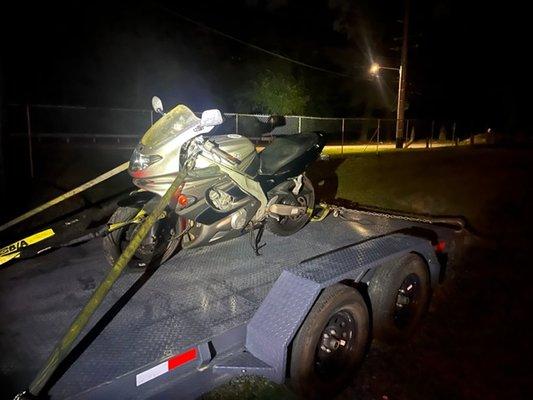 Motorcycle tows require multiple points to secure for safe transport.