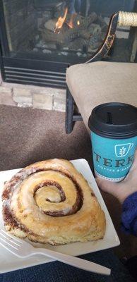 Cinnamon roll and coffee.