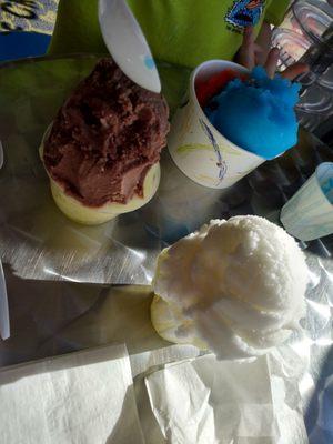 Delicious flavors. One chocolate and lemon;  a blue raspberry and cherry; and I got lemon and coconut cream.  Great on today's hot day!!!