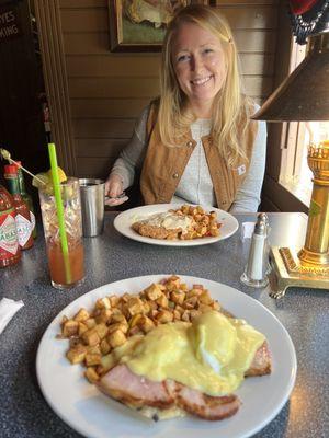 Country fried steak with two eggs and country potatoes. Bloody Mary and eggs Benedict with country potatoes