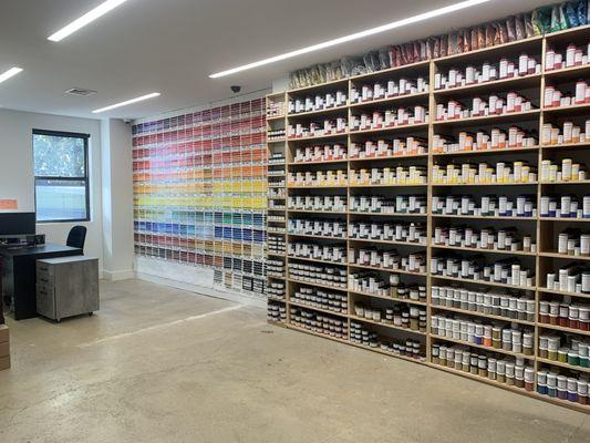 A shot of our new product shelving with our famous color chart at 57-52 58th Place, Maspeth, Queens