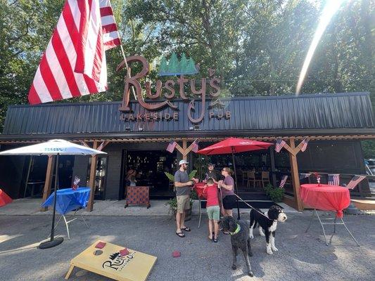 Fun and welcoming outside patio where you can play games such as corn hole and connect four while drinking an ice cold beverage.