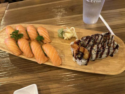 Salmon Sushi and Shrimp Tempura Shrimp Roll