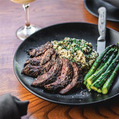 BUTLER'S STEAK RISOTTO

Charbroiled wagyu flat iron, mushroom duxelles risotto, lemon-garlic grilled asparagus and Tabasco gastrique.