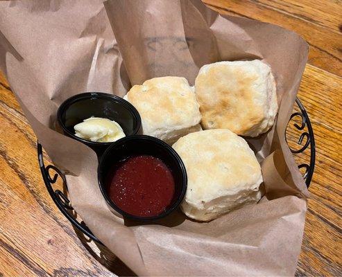 Complimentary Biscuits, honey butter and strawberry jam