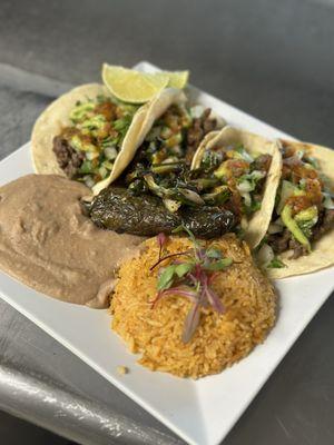 Carne Asada Tacos  with beans and Rice