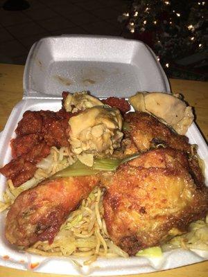 Lo mein, fried chicken, pepper chicken, sweet n sour pork. Way delish