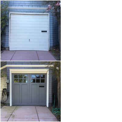 Top: Wood tilt up door Bottom: Wood Carriage House door with Clear glass Installed by R&S Overhead Doors.