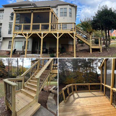 Pressure treated pine deck, stairs and screened in porch.