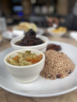 Braised Oxtails & Beans, rice and peas, cabbage