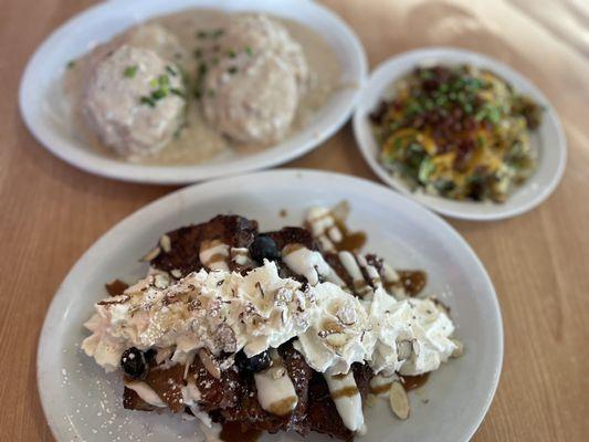 Blueberry Bread Pudding French Toast, Biscuits & Gravy Bar, & Loaded Hash Browns