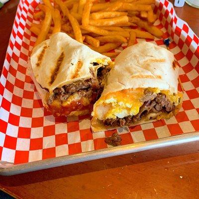 Steak egg potato and cheese burrito