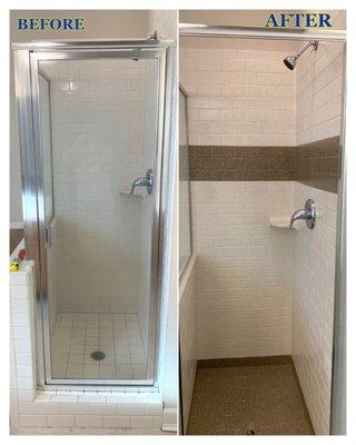 Tile shower refinished with natural accents