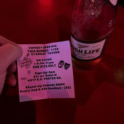 A flyer given out at the bar, and a High Life.