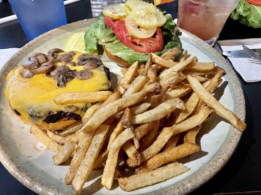 Homemade veggie burger with cheddar and customized toppings. Delicious house-made fries.