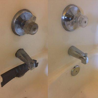 Before and after of a shower valve and overflow rebuild