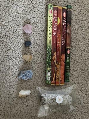 crystals, sage, incense