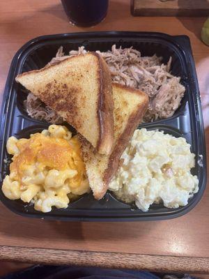 Pulled pork platter with mac and cheese and potato salad!