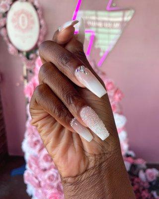 Pink + white with nail gems