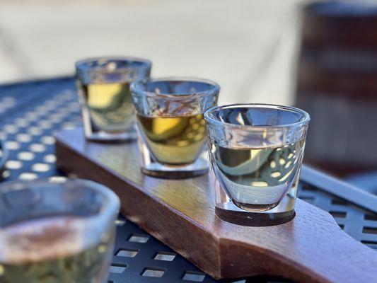 One of our three-pour flights:  Straight Bourbon Whiskey; Smoked Virginia Whiskey; and Vodka.