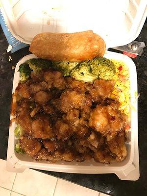 The General Tso's chicken combo; comes with an egg roll, broccoli, and pork fried rice.   It's like having two meals if you eat it all.