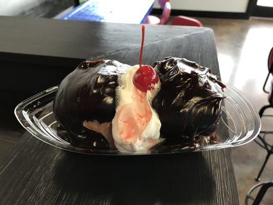 You can buy a frozen microwaved brownie with ice cream anywhere, but you can't find a freshly made hot fudge cake like this anywhere else