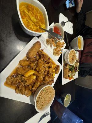 Egg drop soup, cheese wontons, orange chicken with fried rice and another dish, forgot the name but it was great.