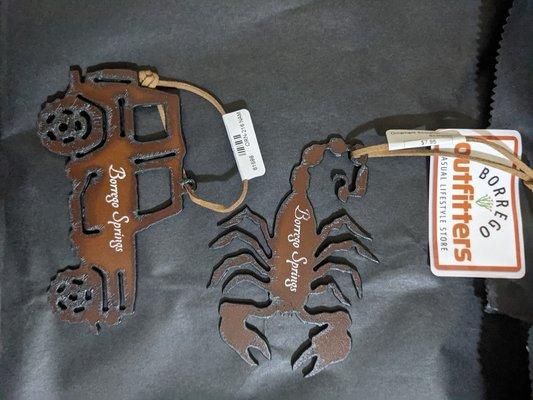 Metal ornament souvenirs I picked up at Borrego Outfitters - Jeep & Scorpion