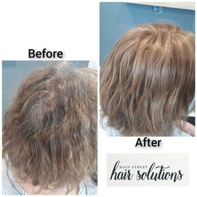 Small human hair topper covered beginning hair loss.