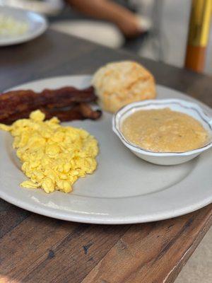 Eggs, Bacon, Cheese grits w/ biscuit