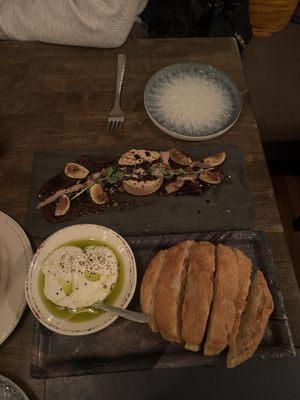 Foie gras, focaccia with whipped ricotta