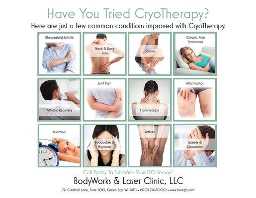 Common conditions improved with CryoTherapy. cryotherapy near me, infrared sauna green bay, normatec compression, stretch ins...