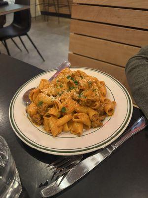 Rigatoni with vodka sauce and beef.