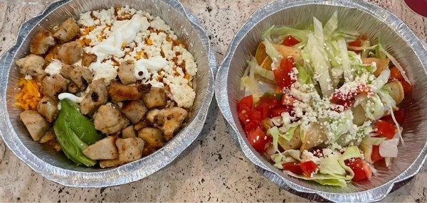 kids menu: chicken taquitos (right) and mini rice bow (left)