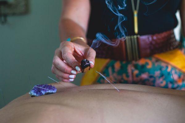 Acupuncture with crystal healing and Palo santo cleansing