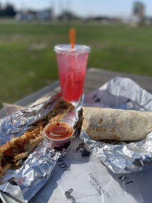 Avocado Piada with added crispy chicken, Piada pepperoni stick + lemonade