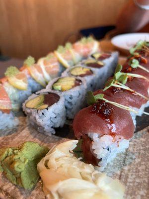 Spicy tuna roll, tuna avocado and mango maki, and the salmon citrus roll