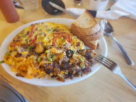 Turkish omelette with mozzarella roasted red pepper and kimchi home fries